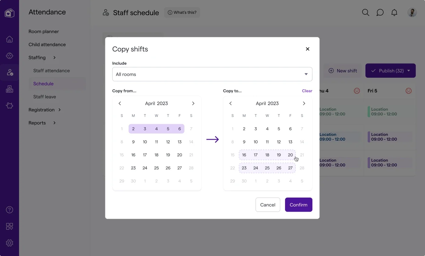 Copy shifts modal