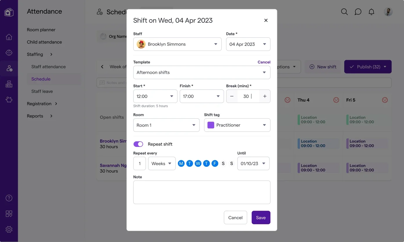 Shift creation modal