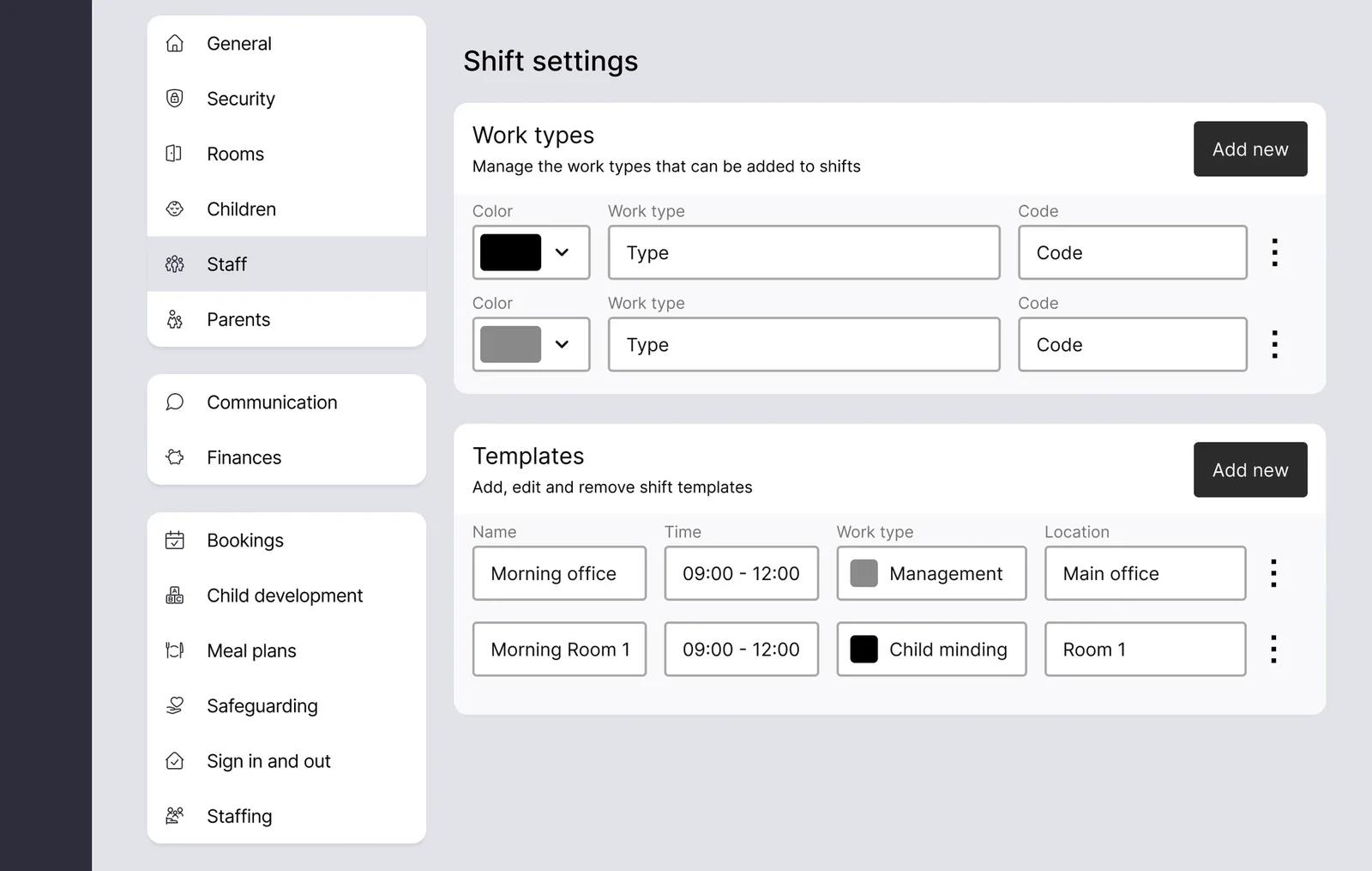 Settings wireframe