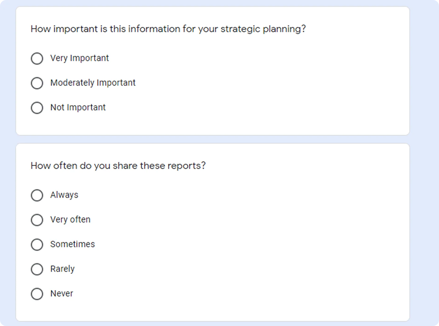 UX research survey — questions on strategic importance of data and report sharing frequency