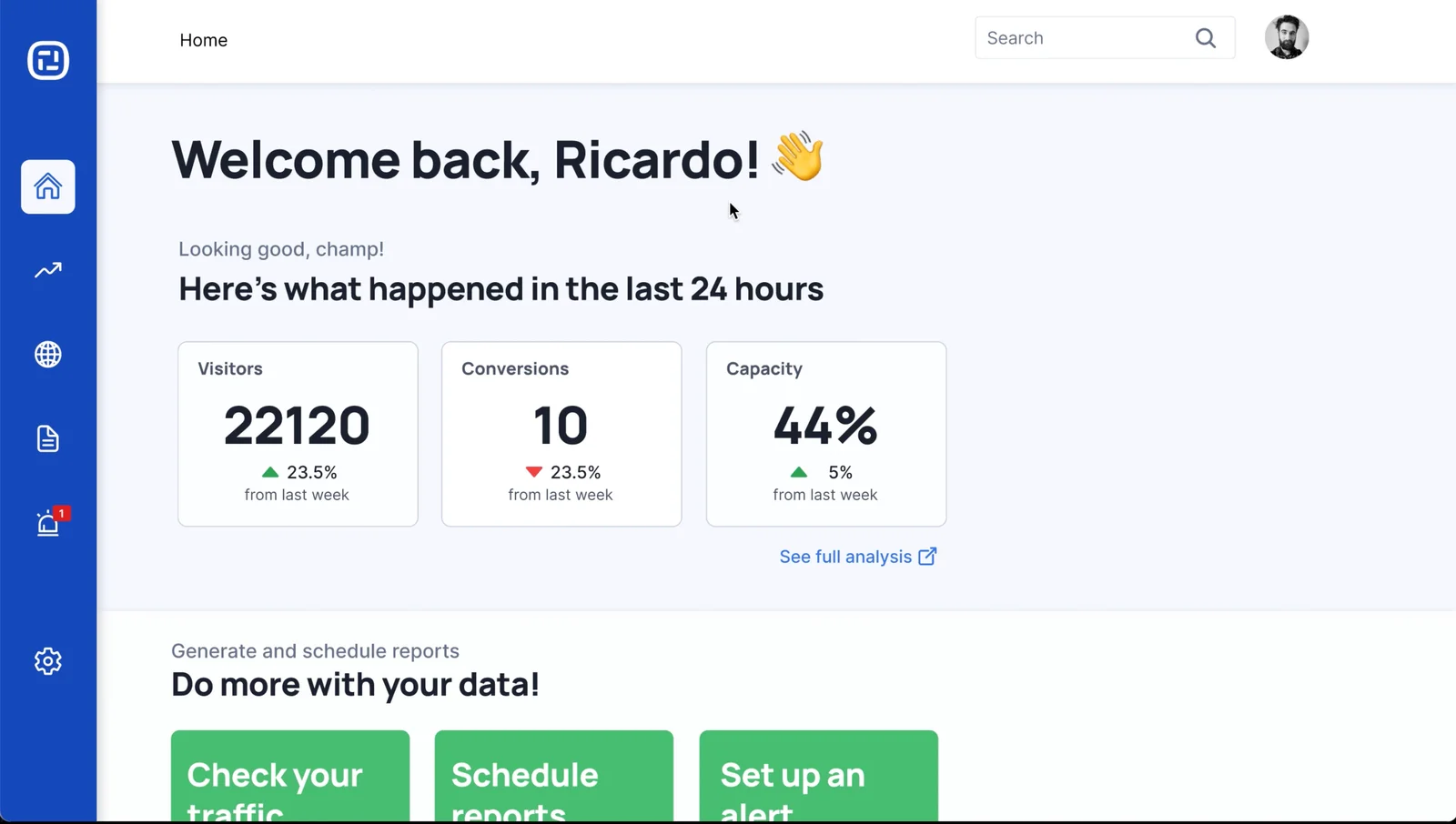 Ion Interactive new home dashboard — welcome screen with 24h summary and quick actions
