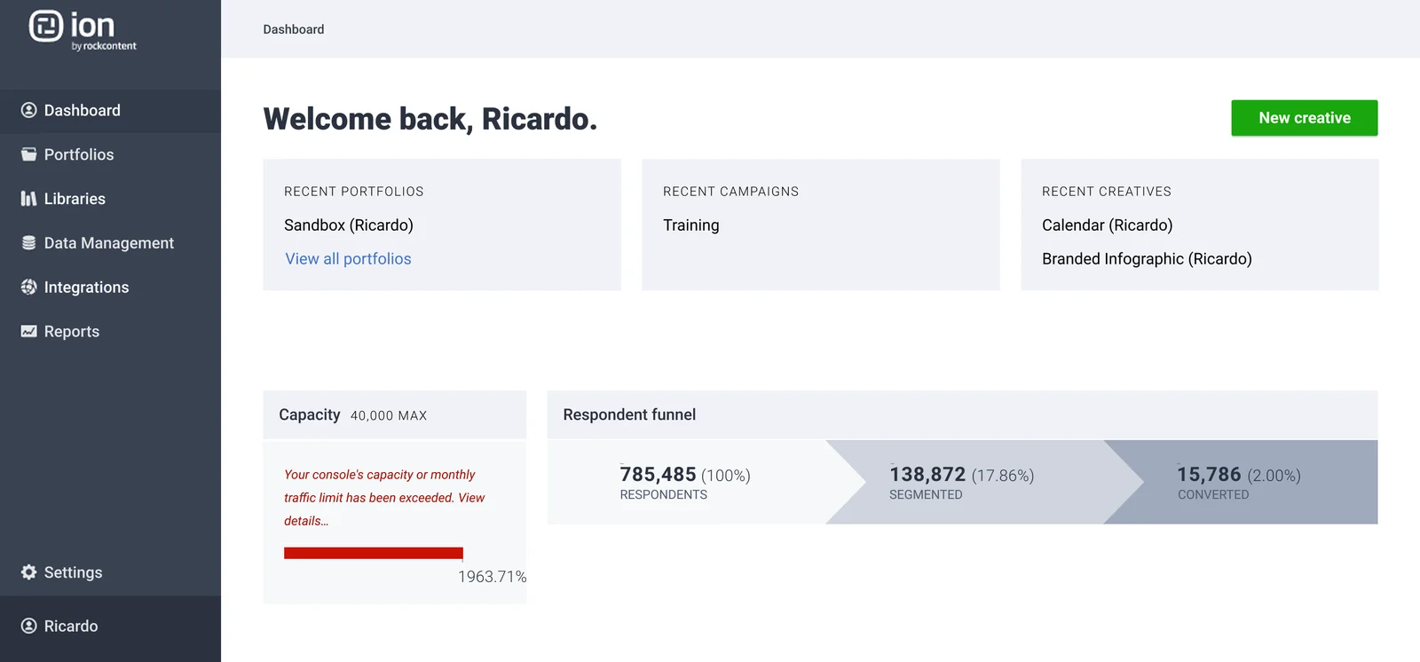 Ion Interactive old dashboard — sparse layout with broken capacity metric