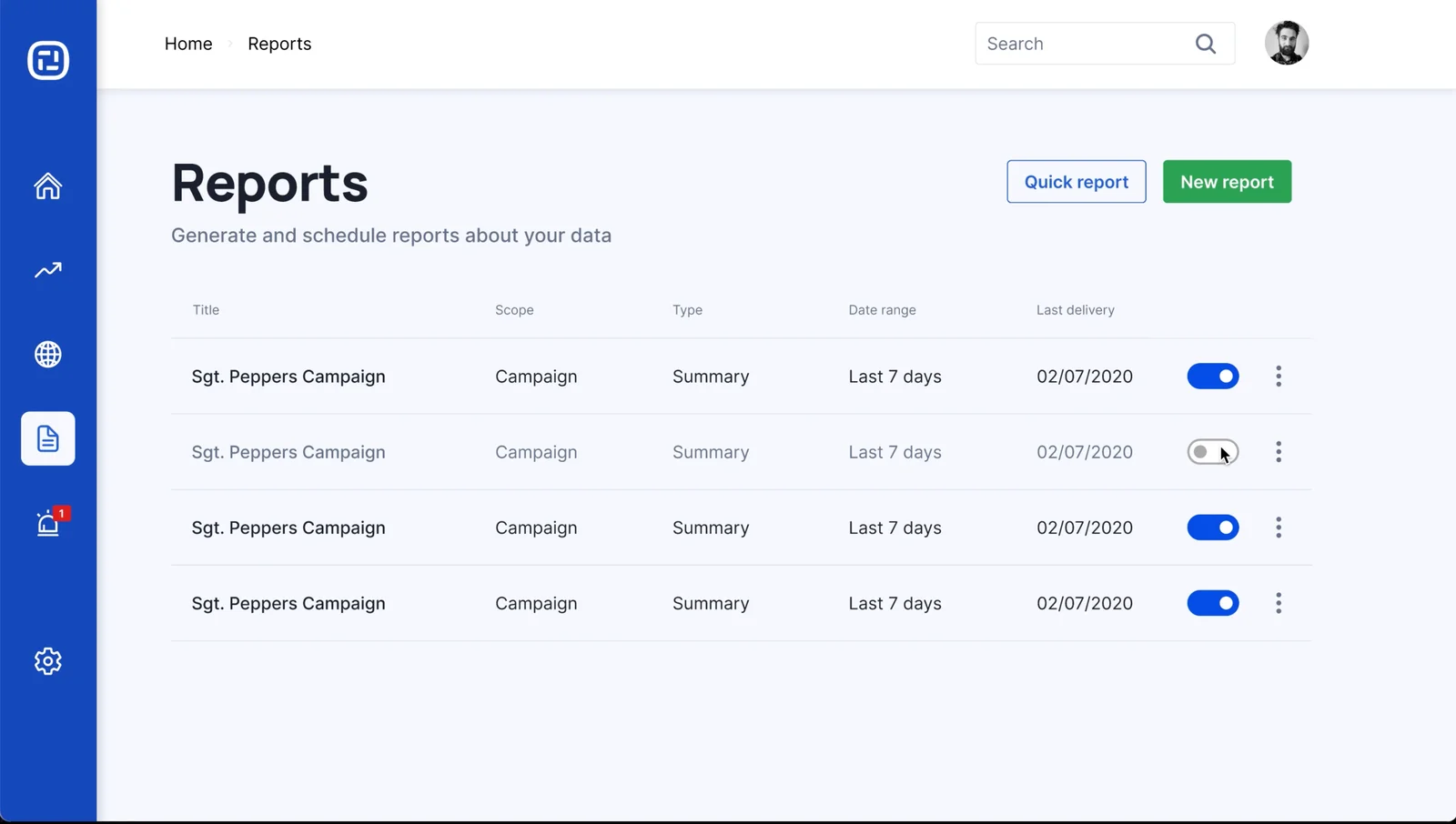 Ion Interactive reports list — scheduled and on-demand reports with toggle controls
