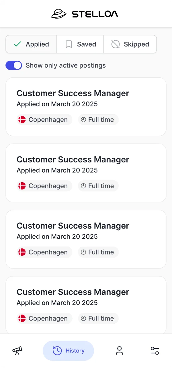 Stelloa mobile app — My Applications list showing Applied, Saved, and Skipped tabs