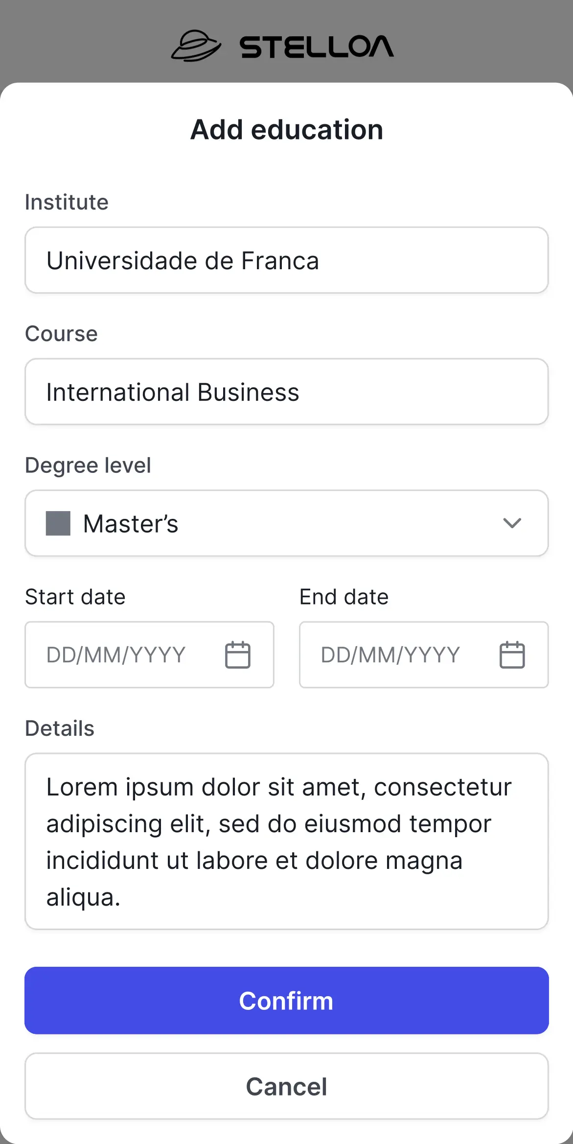 Stelloa mobile add experience screen