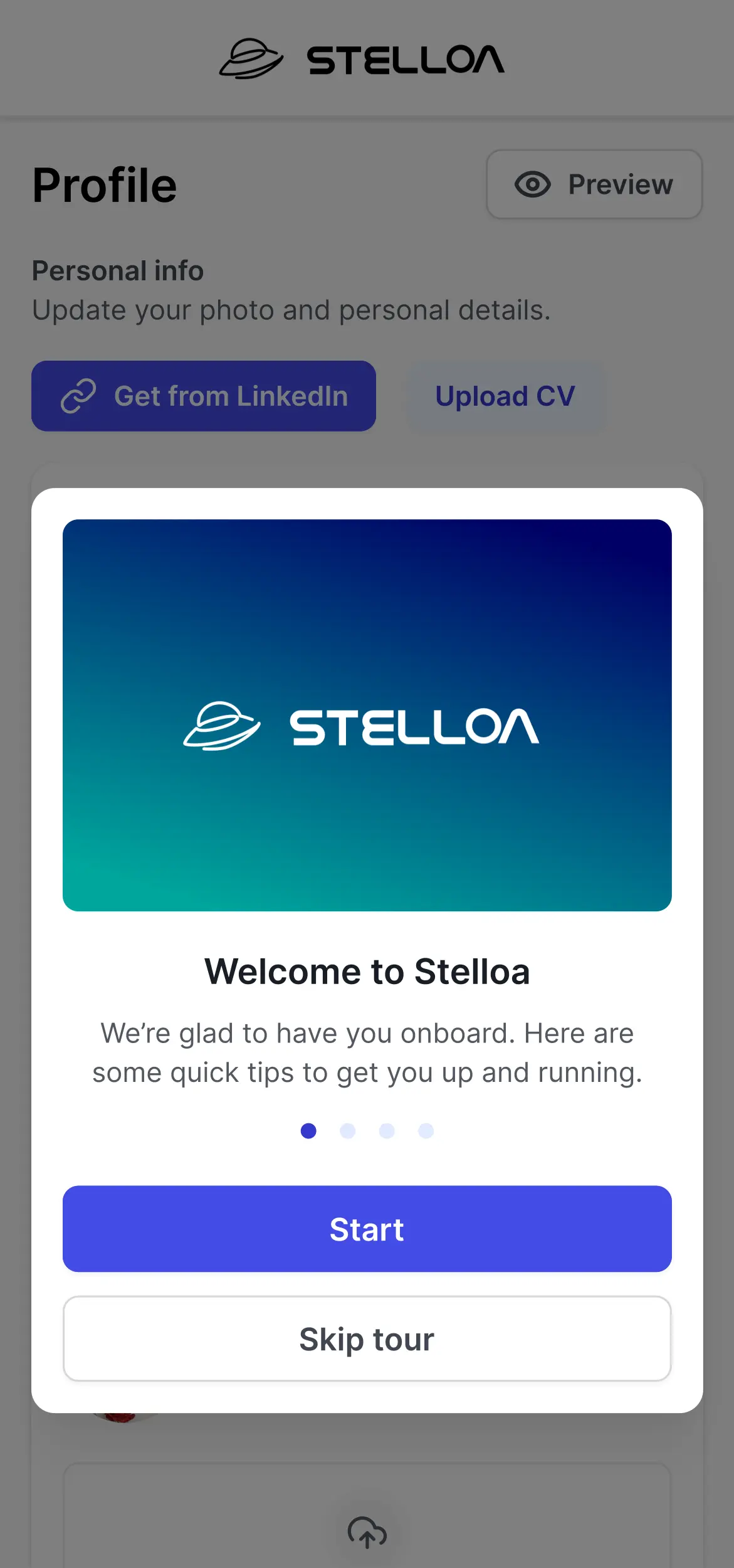 Stelloa mobile first login screen
