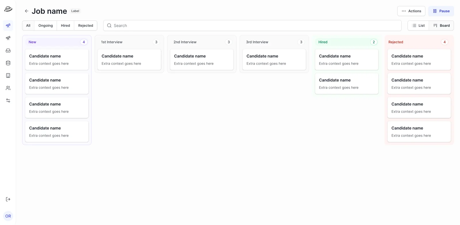 Stelloa desktop — kanban pipeline view showing candidates across New, 1st Interview, and 2nd Interview stages