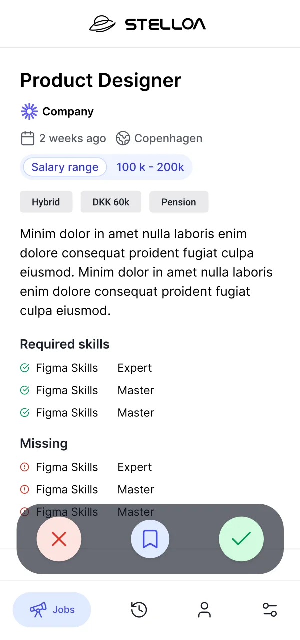 Stelloa mobile job card showing Product Designer role with salary range, hybrid policy, and pension benefit