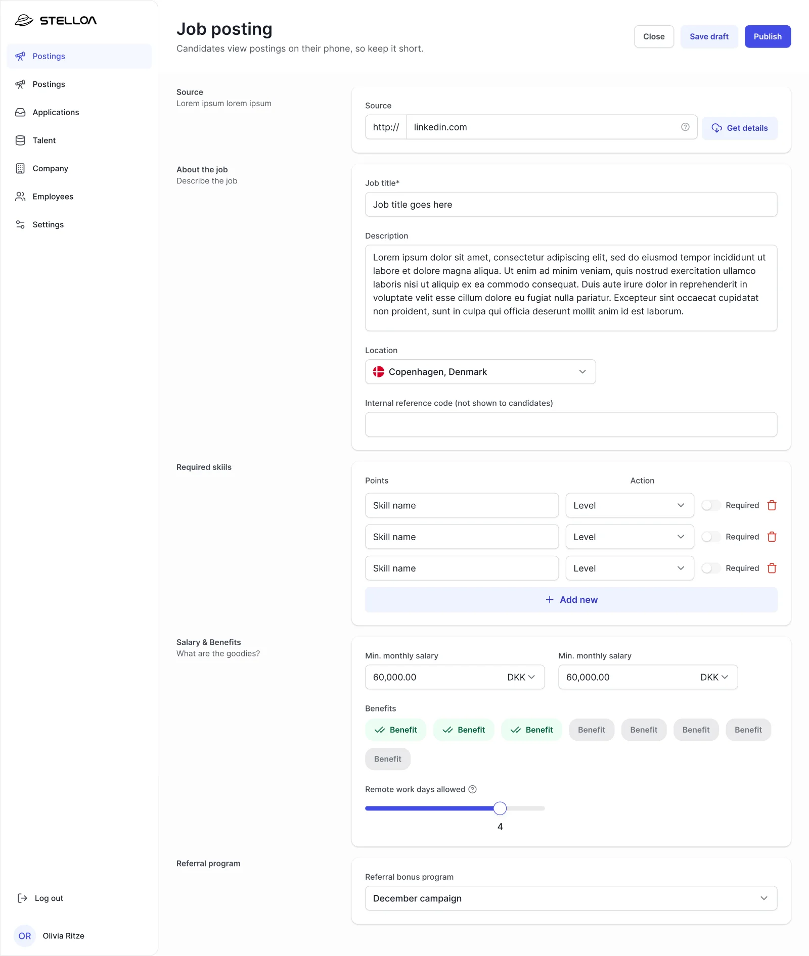 Stelloa desktop — job creation form with structured fields for source, skills, salary range, and benefits