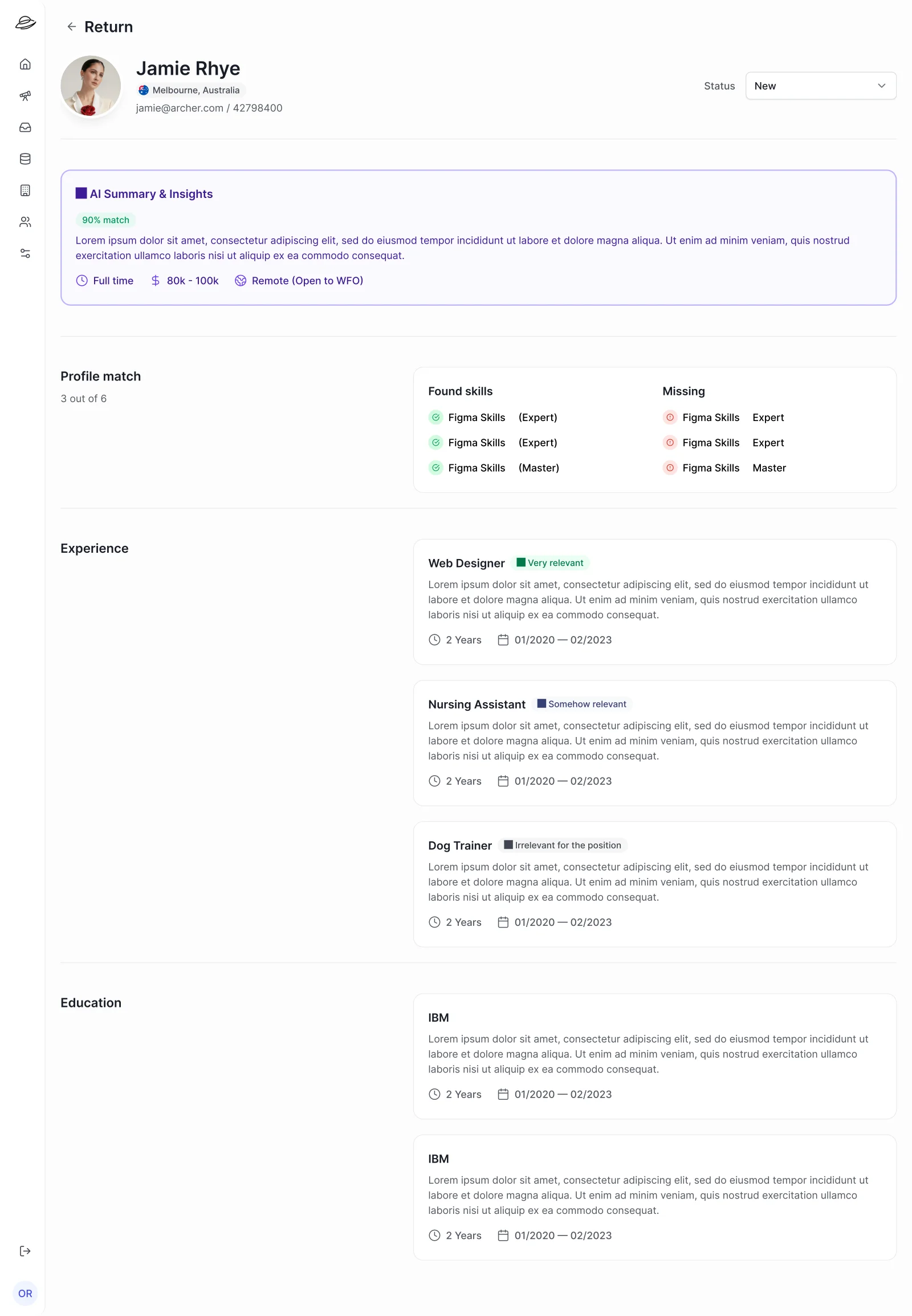 Stelloa desktop — candidate profile detail showing AI-generated summary, skills match, and experience