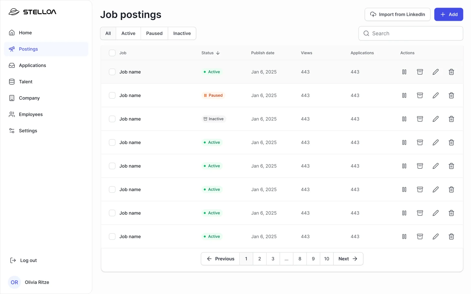 Stelloa desktop — job postings list showing Active, Paused, and Inactive status per listing