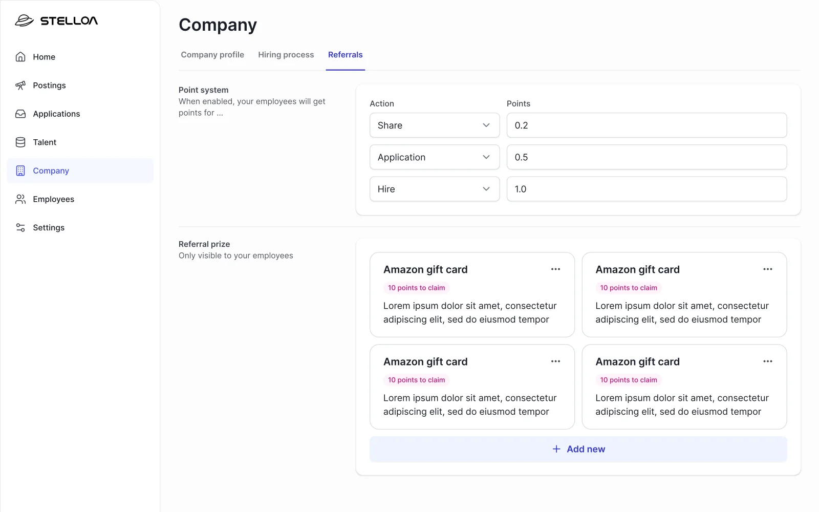 Stelloa desktop — Company referral settings with point system for Share, Application, and Hire actions