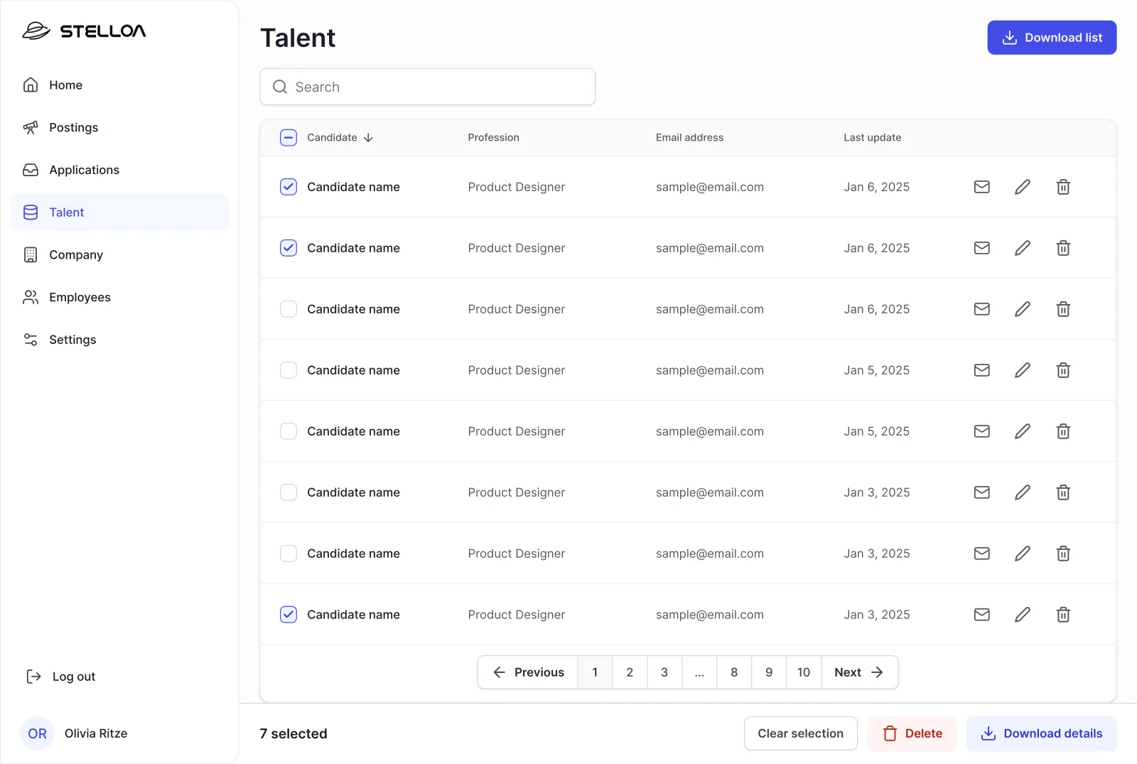 Stelloa desktop — talent pool list with candidate names, profession, and email columns