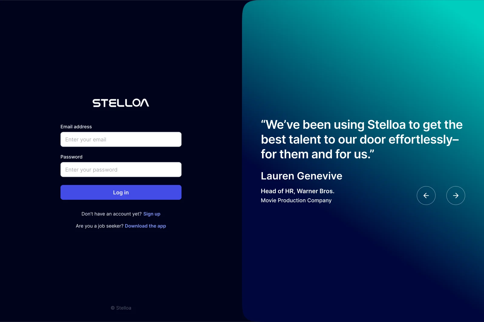 Stelloa branded login screen with testimonial panel — Lauren Gene, Head of HR, Warner Bros. Movie Production Company